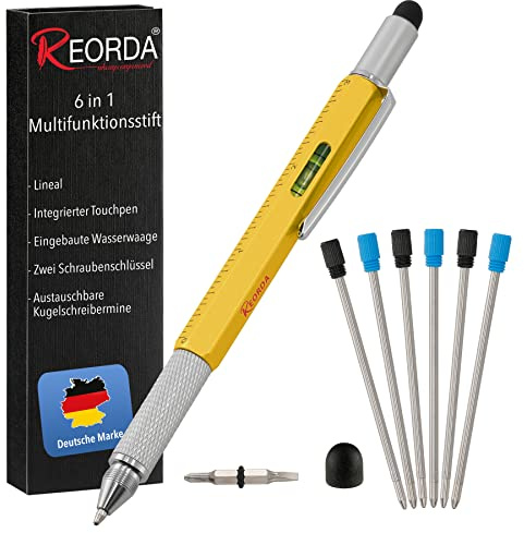 Reorda® Multifunktionsstift in Gelb | Außergewöhnliches Geschenk für Männer | Praktischer 6-in-1 Multi Kugelschreiber als zuverlässiges Werkzeug Gadget für Ingenieure, Handwerker