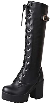 Minetom Bottes Femme PU Cuir Bottes À Lacets Gothiques Punks Boots Automne Hiver Talon Bloc Plateforme Bottes Hautes Chaussure