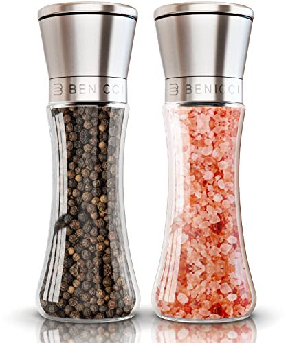 Premium Salt and Pepper Grinder Set of 2 - Two Refillable Stainless Steel Sea Salt & Spice Shakers with Adjustable Coarse Mills - Easy Clean Ceramic Grinders w/BONUS Silicone Funnel & Cleaning Brush