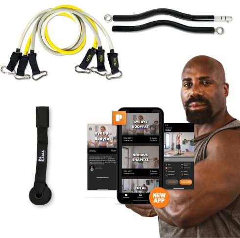 PAKAMA - Premium motståndsbandsset inkl. SZ-stång (bar) för hemträning och styrketräning hemma – Heavy Resistance band på 14 kg, 16 kg och 18 kg – fitnessband för upp till 140 kg motstånd