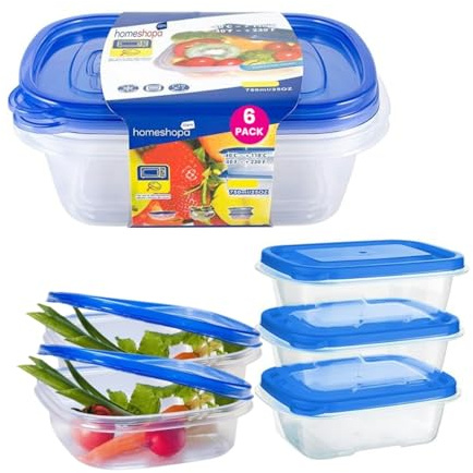 HOMESHOPA Food Storage Containers with Blue Lid 750ml, 6 Pack Rectangular BPA Free Plastic Containers with Airtight Lids, Reusable, Stackable, Nestable Meal Prep Boxes