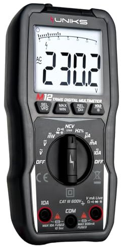 UNIKS - Multimetro Digitale Professionale TRMS - Multimetro M12 6000 Conteggi - Tester Digitale Display LCD e Luce LED - Tester Professionale Rilevamento NCV Senza Contatto e Filtro Passa Basso