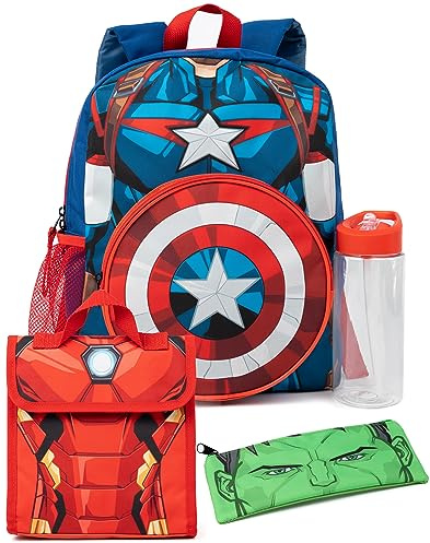 Marvel Mochila para niños Set de 4 Piezas de Mochila Escolar de Capitán América con Bolsa de Almuerzo, Estuche para lápices y Botella de Agua | Múltiples Compartimentos | Material Duradero