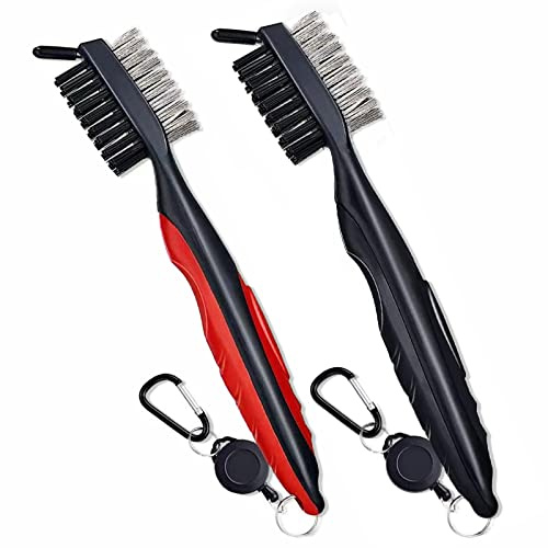 QeeHeng 2 Stück Golf-Reinigungsbürste, 3-in-1 einziehbarer Zip-Line-Aluminium-Karabiner-Golfbürste, Rutschfester Griff, bequemer Griff, Golfschlägerreiniger für Keile, Eisen, Hölzer
