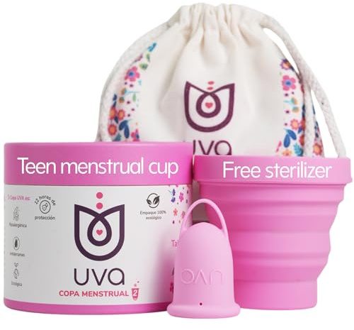 UVA Kit di 2 coppette mestruali riutilizzabili, misura 0 per flusso leggero, silicone durevole e a prova di perdite, 10 anni, coppetta mestruale, sterilizzatore e borsa da viaggio