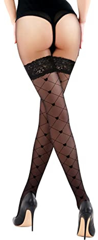 PrettyLoveHose Bas Voile dentelle Noir Carreaux Effet Couture Ligne Coeur Auto-fixant