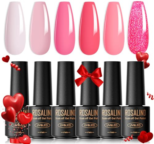 ROSALIND UV Nagellack Rosa, 6 Pastell Farben Mini Gel Nagellack, UV Set Weiß Hellrosa Dunkelrosa Glitzer Rosa Soak Off Nail Polish für Anfänger Nail Art Salon DIY Home