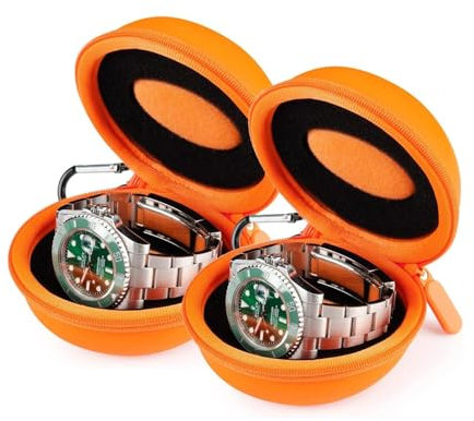 HELMDY 2 Pezzi Custodia Orologio, Scatola per Orologi da Viaggio, Custodia con Cerniera per Orologi, con Moschettone e Spugna, Rotonda Portatile, Adatta a Tutti Gli Orologi Sotto i 50 mm (Arancione)