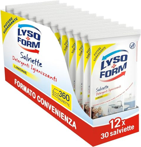 Lysoform Salviette Igienizzanti, Formato Risparmio 12 Pezzi x 360 Salviettine, Salviette Disinfettanti Superfici, Rimuovono Polvere e Germi, Senza Risciacquo, Monouso, Profumo Limone