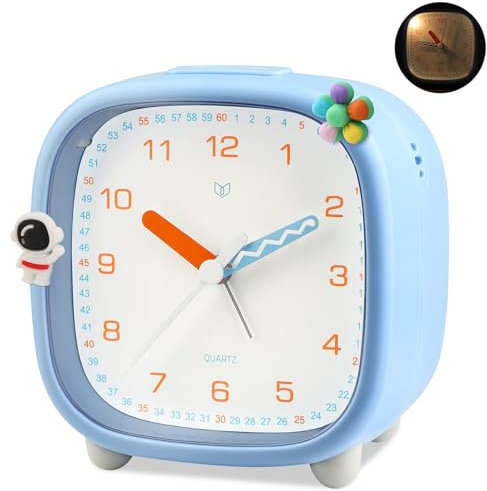 Ayybboo Wecker Analog Ohne Ticken, Wecker Kinder mit Snooze Licht, Großes Ziffernblatt Quarzwecker, Lernwecker für Jungen Mädchen, Geräuschlos (Blau+Aufkleber)