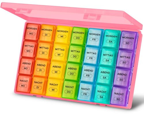 Tablettenbox 7 Tage Große Fächer, Medikamentenbox 7 Tage 4 Fächer BPA Frei Tabletten Box 7 tage Morgens Mittags Abends Nachts, Woche Pillen Organizer Pillendose Groß Reise für Vitamin (Rosa)
