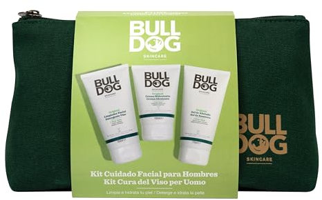 Bulldog Skincare - Neceser Cuidado Facial Hombre, Incluye: Limpiador Facial 150 ml + Gel de Afeitado 175 ml + Crema Hidratante 100 ml y Neceser de Tela Sostenible | Set Regalo Hombre Cuidado Facial