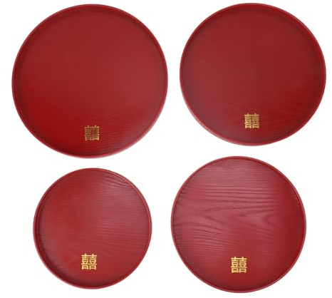 YLSZHYR 4 Pièces Plateau de Service Chinois Rouge Mariage Thé Café Collation Assiette en Bois Fruits Bonbons Plateau de Fruits Plateaux pour Servir pour la Fête Plateaux de Service pour le(Rond)