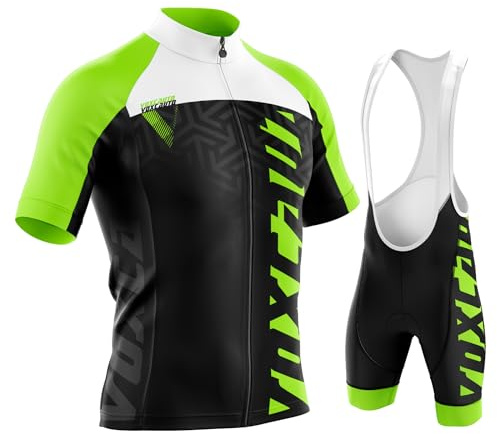 VOXCAUTQ Cykeltröja set för män, 2024 herr sommar pro team cykling kortärmad med 9D gel vadderade hängselbyxor för utomhusridning cykling, gRÖN, XL