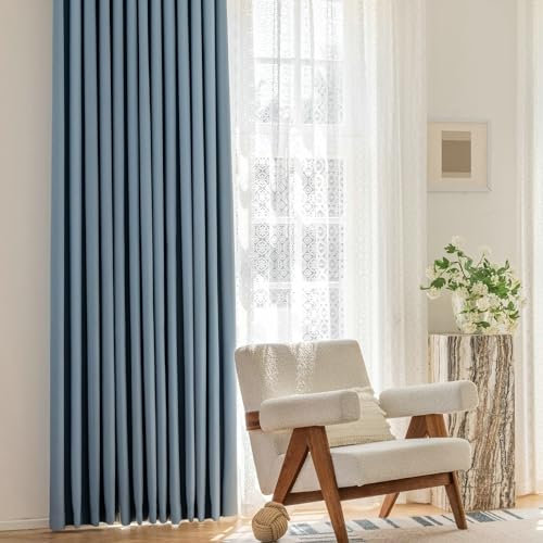Ayoiow Vorhang Blickdicht Isolierend, Scheibengardinen Wohnzimmer Mit Ösen, Chenille Vorhang Wohnzimmer 2Er Set Kräuselband, Blau, 137X214CM