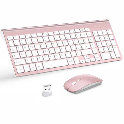 Combo Tastiera e Mouse Wireless Ultrasottili con Tampone Mouse, MOOJAY 2.4G USB Tastiera Mouse Silenziosa Compatta di Switch Forbice con Coperchio, Batterie AA&AAA,per PC/Laptop/Windows-Rosa Bianco