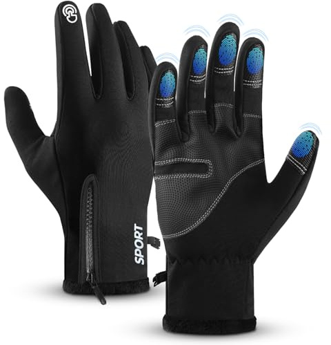 AURUZA Winter Gloves Men Women, Zipper Cycling Gloves Touch Screen, Windproof Warm Gloves Cold Weather, Anti-Slip Sports Gloves for Cycling Driving Running Hiking Climbing Skiing Sports M