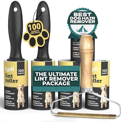 Tydi Pet Hair Lint Rollers, 500 Sheets with 2 Handles & 1 Lint Remover | 100 per Roll · Double-sided Manual Carpet Scraper with Wooden Grip