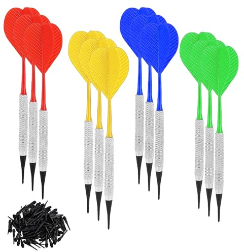 aghoer 12 Pezzi di Freccette con Punte in plastica, Set di Freccette morbide Portatili con 100 Punte in plastica, 4 Colori, Freccette Professionali durevoli
