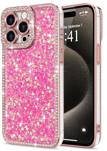 Lafunda Cover Glitter Compatibile con iPhone 15 Pro Max Cover per Ragazze, Custodia Lucida con Diamanti, 3D Bling Cristallo Case per iPhone 15 Pro Max-Rosa Acceso | Cover per telefono scintillante con strass di cristallo, per donne e ragazze, in morbido TPU, sottile, antiurto, protettiva