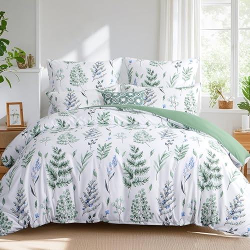 Tifschlaf Double Duvet Set - Double Bedding Set with Pillowcases, Ultrasoft Microfiber Luxury Non Iron Quilt Cover with Zipper Closure, Floral Sage Green 200x200cm