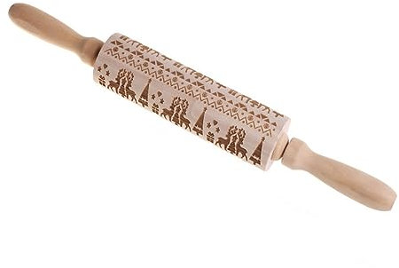 Rouleau à pâtisserie en bois gravé 3D avec motifs de fleurs et d'animaux