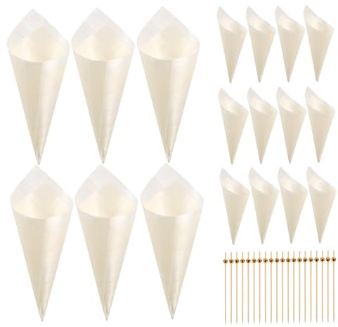 YOSADIER 1Set Disposable Wood Cones and Appetizer Sticks Set for Parties Luau and Gatherings Includes Ice Cream Cones and Skewers for Appetizers