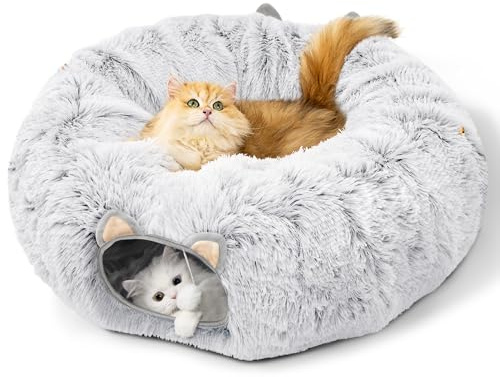 Unisun Tunnel pour Chat, Jouet Chat Intérieur XXL, 2-en-1 Tunnel Jouet et Coussin, Jeu Interactif Multifonction pour Chaton, Lapins, Furets et Petits Animaux, Gris Cendré
