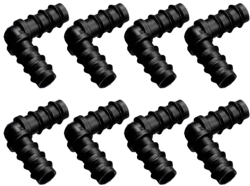 RLMVGBX 8 Pieces Drip Irrigation Fittings Connectors 1/2 Inch Irrigation Tubing Garden Hose Coupler Barbed Connector Plastic Soaker Hose Connectors Hose End Stop, Black(Elbow)