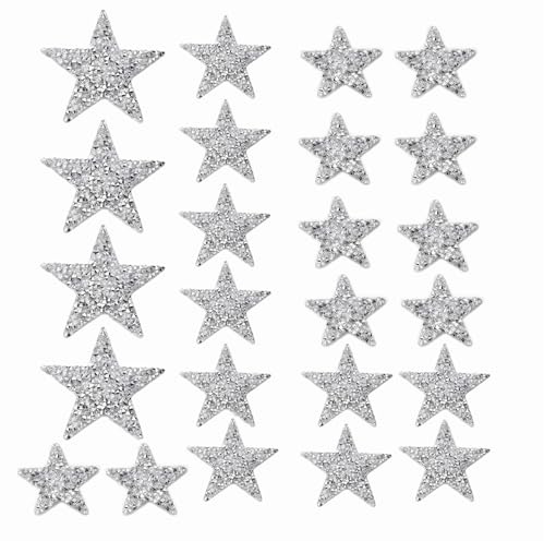24 Stück bügelbilder für textilienSilber Aufbügler Strass Bügelbilder in Silber mit Glitzersternen, Größe 8 cm/6 cm/4 cm, für die Bügelflicken Patches für Kleidung Kleid Hosen Jeans Hüte Taschen