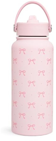 1L Pink Bow Water Bottle Insulated Water Bottle Stainless Steel Thermos Cold and Heat Preservation with for Women, Girls, Ideal Birthday and Back to School Gift