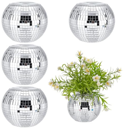 UNICRAFTALE Juego de 4 jarrones de bolas de discoteca, 102 x 82 mm, cristal, espejo de discoteca, macetero, candelabro, plata, decoración de mesa, bolas de discoteca, decoración para dormitorio, salón