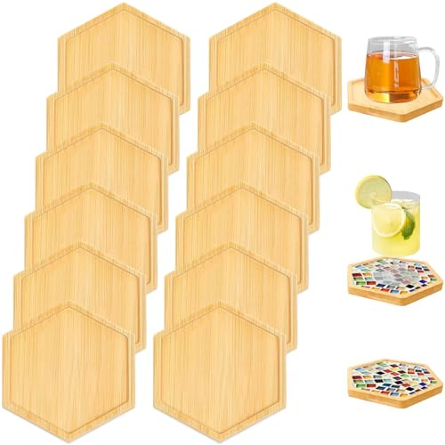 12Pcs Untersetzer Holz Mosaik Bastelset, 10cm Bambus Untersetzers Holzuntersetzer, Sechseck Leere Bodenschalen Klein Holztablett für Bastelarbeiten, Wohnzimmer Deko, Pflanzen, Trinkbecher, Spa-Gebete