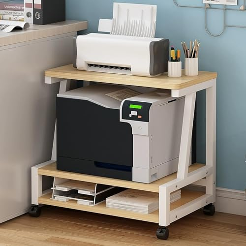 Printer Stand with Wheels, 3 Tier Rolling Printer Cart with Storage Shelf, Mobile Side Table, Under Desk Organizer Rack for Shredder Scanner Files Book(Natural,48x38x52.5cm)