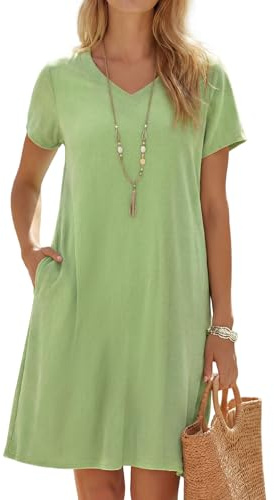 Enmain Vestidos Lino Mujer Verano Manga Corta Cuello V Verde Salvia Vestido Midi Casual Playa con Bolsillos hasta la Rodilla sin Accesorios M