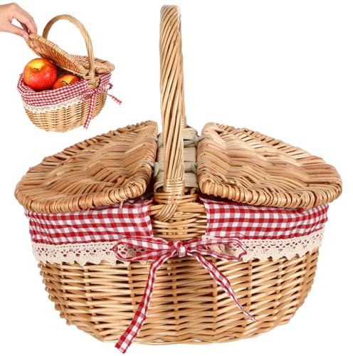 Toyvian Picknickkorb Weide mit Deckel Griff, Geflochtener Holzkoffer im Retro Stil Deko Großer Weidenkorb Klassischer Obst Gemüsekorb für Ostern Camping Gemüseernte