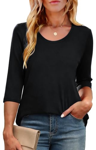 Crewhpo Maglietta Mezza Manica Donna Cotone con Girocollo Maglia a Maniche Tre Quarti Magliette Estiva Leggero T-Shirt Elegante Tinta Unita Top Casual Maniche Corte Nero S