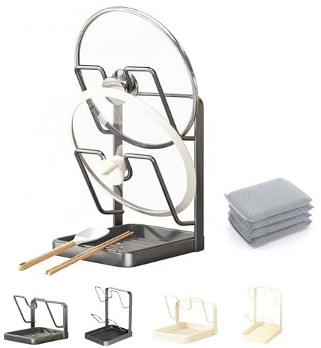 Kitchen Pot Lid Storage Rack, Pot Lid Holder With Tray, LidHolder While Cooking, L-id and Spoon Rest, Multifunctional Kitchen Organizer Stand for Stove Top