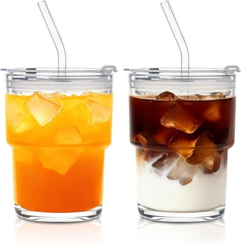 450 ml Glass Tumbler with Lid and Glass Straw Set of 2 – Thick-Walled Iced Coffee Cup, Reusable Clear Glass Cups for Water, Iced Tea, Coffee, Juice, Perfect for On-the-Go & Daily Use
