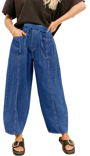 Sidefeel Womens Baggy Wide Leg Jeans Elastic Waist Drawstring Front Seam Ankle High Waisted Barrel Jeans Dark Blue Size 12