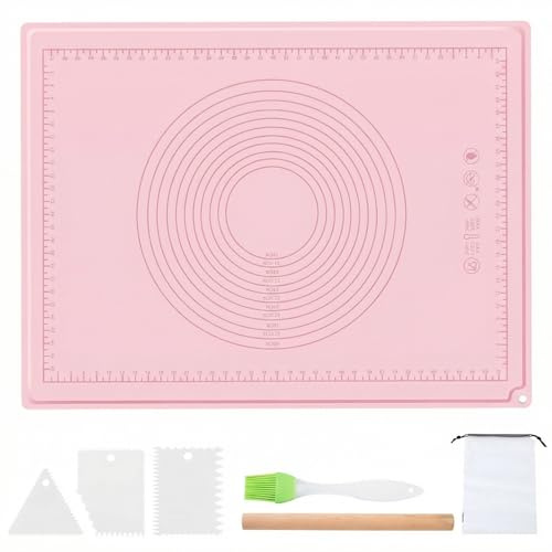 Backunterlage - 70×50 cm Rutschfeste Antihafte Teigmatte mit Messung, Groß Silikonmatte Backen Silikon Baking Mat, Ausrollmatte mit Nudelholz, Teigkarte, Backpinsel für Fondant, Pizza, Teig, BPA Frei