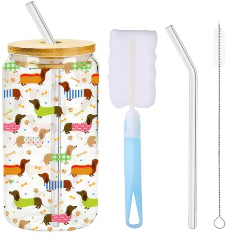 Taza de perro salchicha de 16 oz con tapa de bambú y pajita, colorido vaso de cristal para bebidas calientes y frías, regalo de perro salchicha con cepillos de limpieza para amantes de los perros