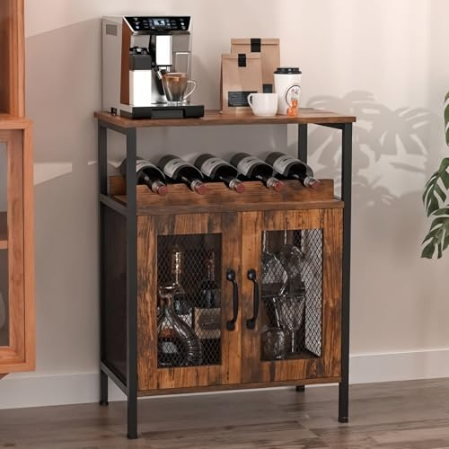 Warmiehomy Rustic Sideboard Storage Cabinet, Industrial Buffet Cabinet | with 5-Bottle Wine Rack & Open Shelf, Freestanding Kitchen Cupboard & Home Bar Wine Cabinet for Living Room Pub, Rustic Brown