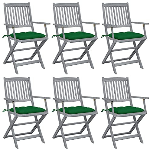 Mhdvray 6er Set Klappbare Gartenstühle aus Massivholz Akazie mit Sitzkissen, Moderne Essstühle für Terrasse und Garten, Grau lasierte Holzstühle inklusive grüner Polster, 54x57x91 cm