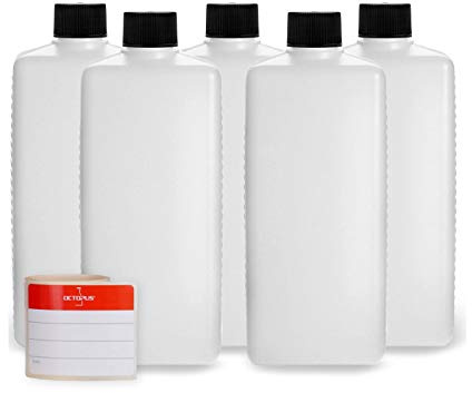 Octopus 5 Kunststoffflaschen à 500 ml aus HDPE mit Schraubdeckel schwarz | Für größere Mengen Flüssigkeiten, Reiniger, Öle und Werkstattbedarf, robust für Lagerung und Transport
