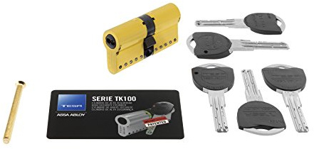 Tesa Assa Abloy, TK154545L, Cilindro de Alta Seguridad, TK100, Doble Embrague, Leva Larga, Latonado, 45 x 45 mm