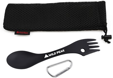 Wild Peak Plastic Spork - Lightweight & Strong All in one Spoon, Fork, Knife Cutlery with Optional Storage Bag ▲ (Jet Black, with Storage Bag)