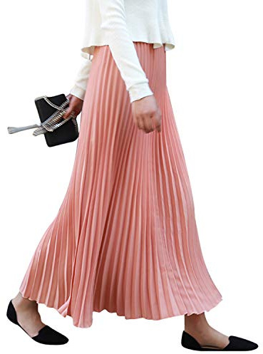 Camilife Damen Mädchen Plisseerock in Maxilänge Plissee-Maxirock Elastische Chiffon Langer Faltenrock Elastischer Bund für Frühling Sommer Herbst - 90cm Einfarbig Beigerot