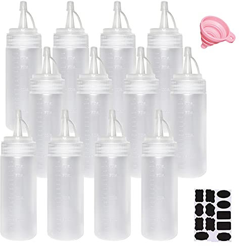 Juncture 12 Pack 200 ml (6.7oz) Plastic Squeezy Sauce Bottles with Twist on Cap Lids, Tick Marks Squeeze Bottle for Condiment, Pigment Squeeze Bottle for Painting