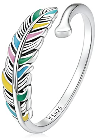 Qings Justerbar öppen ring i sterling silver - söt svart björn färgglada fjäderblad uttalande djur ringar stapelbara CZ Knuckles smycken handgjorda gåvor, 925 sterling silver, kubisk zirkon